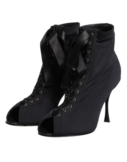 Dolce & Gabbana Schwarze Stiletto-Absatz Schnürstiefel Schuhe - Image 4