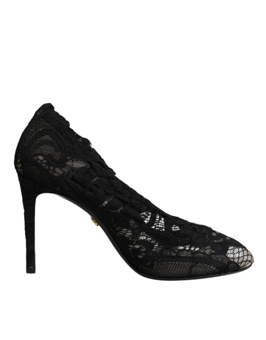 Dolce & Gabbana Schwarze Spitzen-Stretch-Absatzstiefel bis zur Wade - Image 2