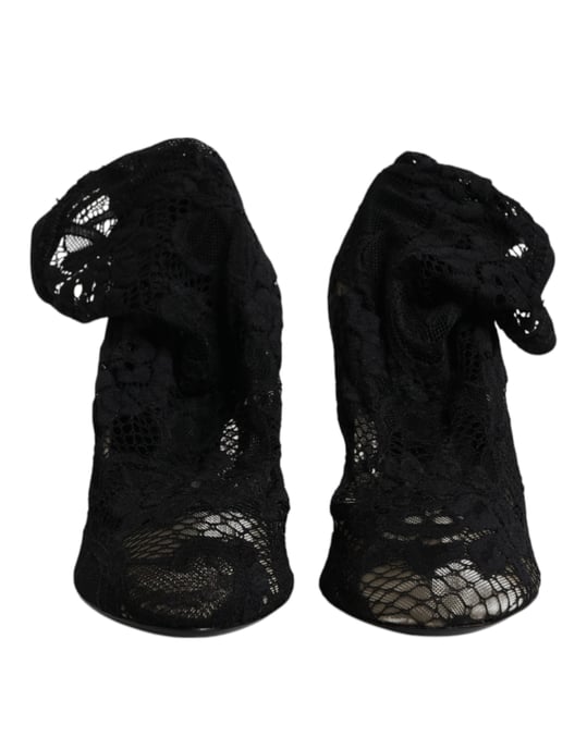 Dolce & Gabbana Schwarze Spitzen-Stretch-Absatzstiefel bis zur Wade - Image 3