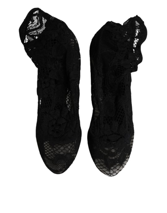 Dolce & Gabbana Schwarze Spitzen-Stretch-Absatzstiefel bis zur Wade - Image 4