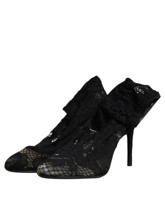 Dolce & Gabbana Schwarze Spitzen-Stretch-Absatzstiefel bis zur Wade - Image 5