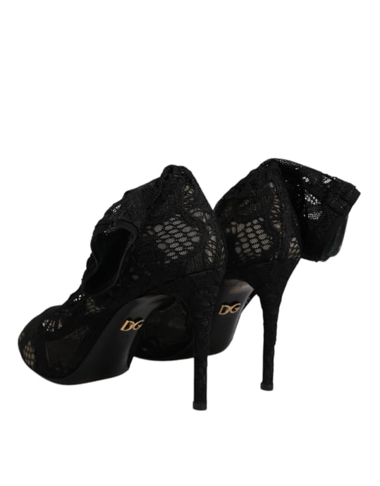 Dolce & Gabbana Schwarze Spitzen-Stretch-Absatzstiefel bis zur Wade - Image 6