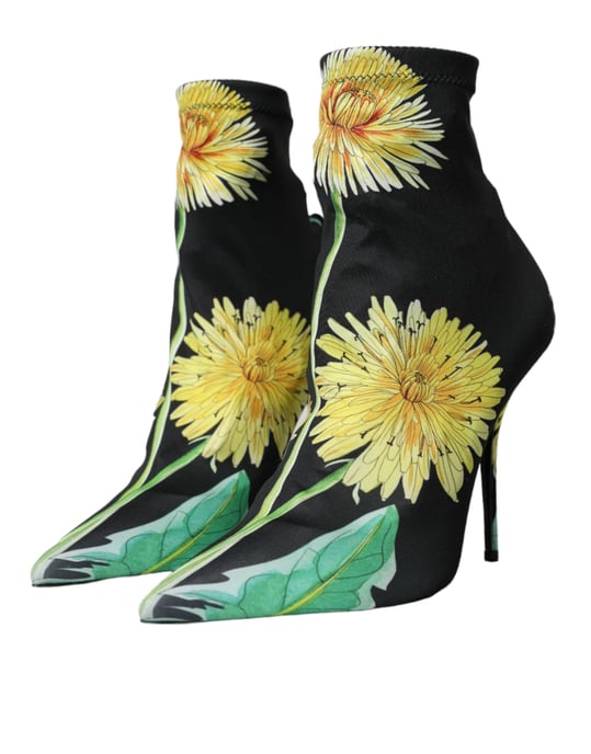Dolce & Gabbana Schwarze Blumen Jersey Stretch Stiefeletten Schuhe - Image 3