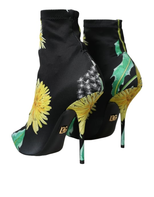 Dolce & Gabbana Schwarze Blumen Jersey Stretch Stiefeletten Schuhe - Image 4