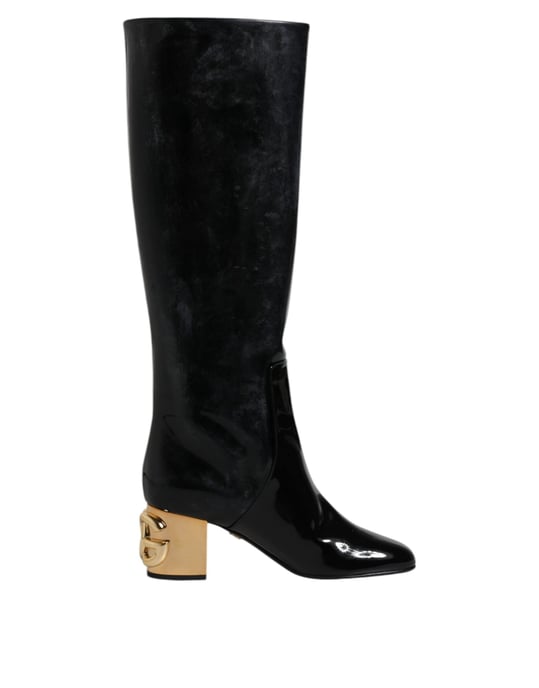 Dolce & Gabbana Schwarze Lackleder Vally Hohe Stiefel Schuhe - Image 1
