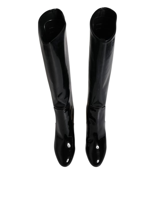 Dolce & Gabbana Schwarze Lackleder Vally Hohe Stiefel Schuhe - Image 3