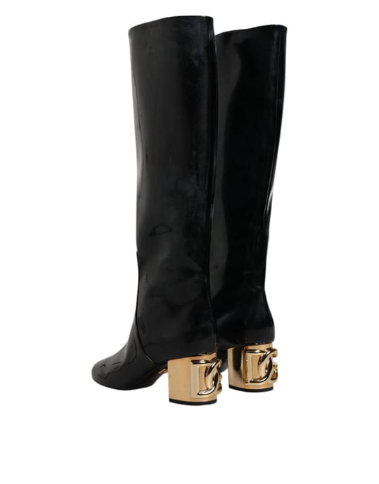 Dolce & Gabbana Schwarze Lackleder Vally Hohe Stiefel Schuhe - Image 5