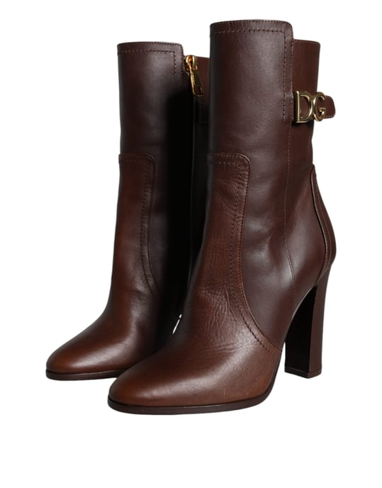 DOLCE & GABBANA Braune Lederabsatzstiefel Mid Calf Schuhe - Image 3