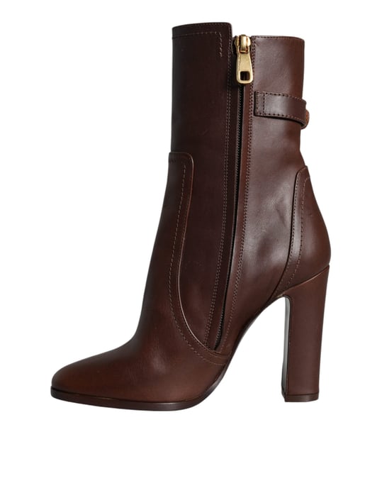DOLCE & GABBANA Braune Lederabsatzstiefel Mid Calf Schuhe - Image 4
