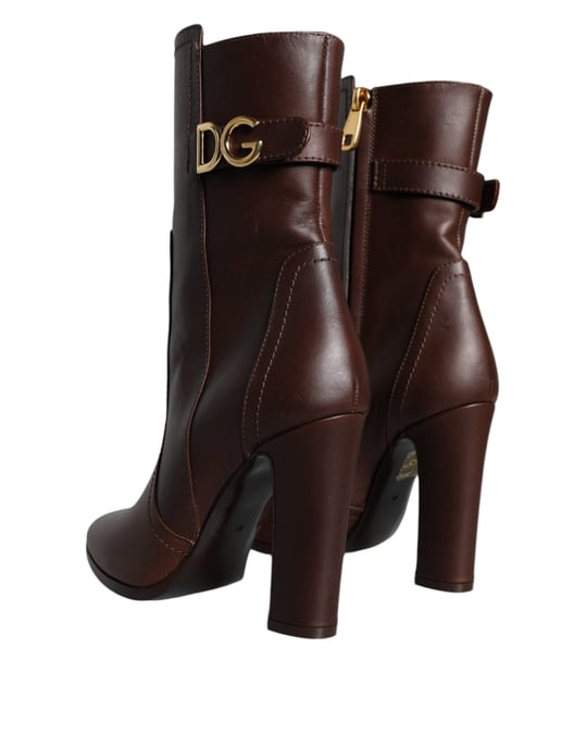 DOLCE & GABBANA Braune Lederabsatzstiefel Mid Calf Schuhe - Image 6