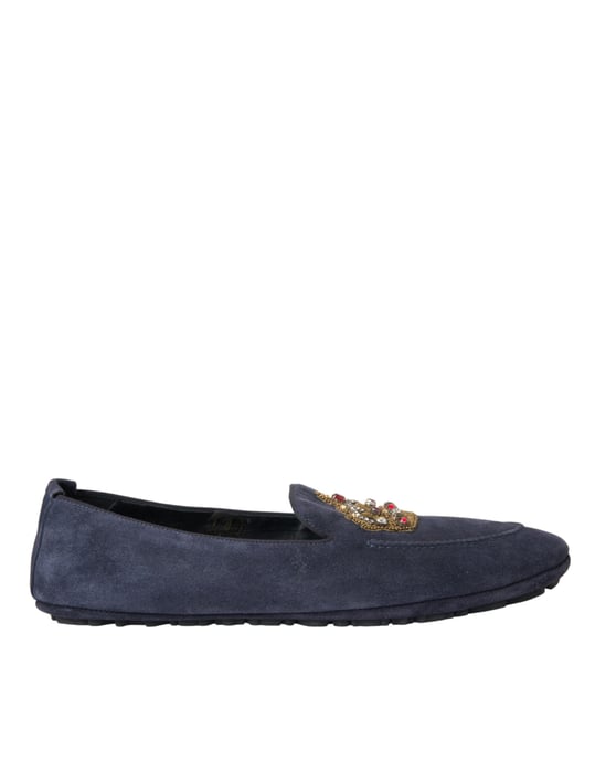 Dolce & Gabbana Blaue Leder Wildleder Kristallkrone Loafer Schuhe - Image 1