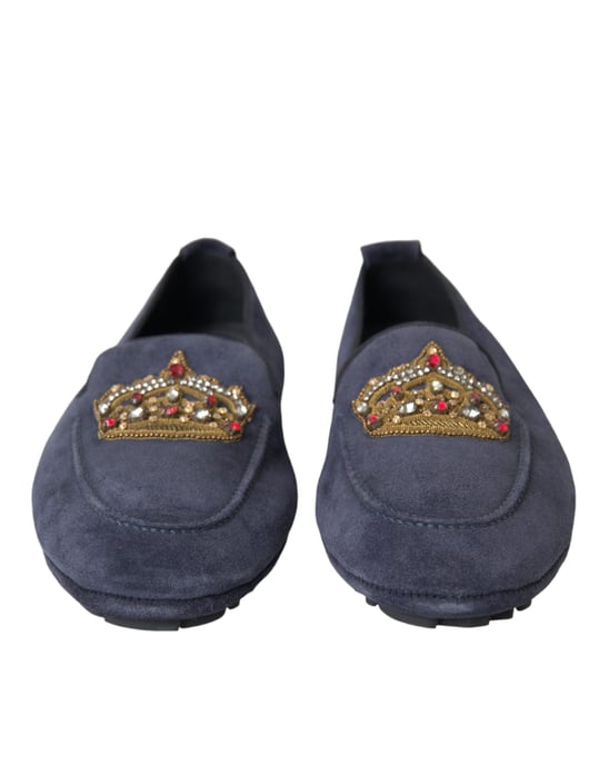 Dolce & Gabbana Blaue Leder Wildleder Kristallkrone Loafer Schuhe - Image 2