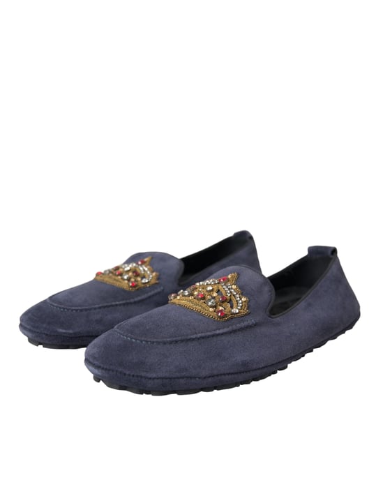 Dolce & Gabbana Blaue Leder Wildleder Kristallkrone Loafer Schuhe - Image 3