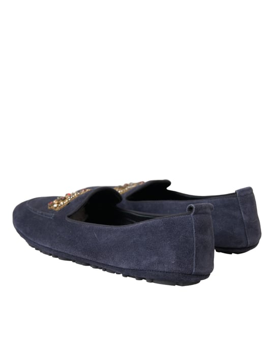 Dolce & Gabbana Blaue Leder Wildleder Kristallkrone Loafer Schuhe - Image 4