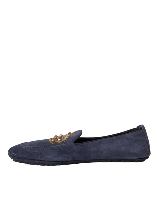 Dolce & Gabbana Blaue Leder Wildleder Kristallkrone Loafer Schuhe - Image 5