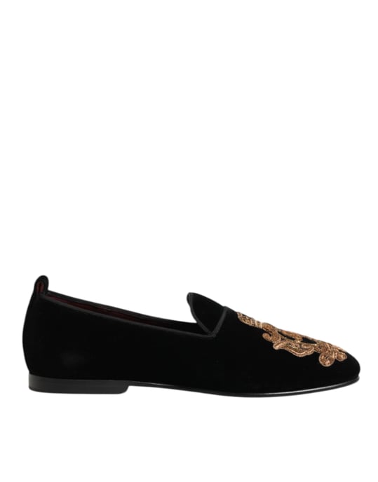Dolce & Gabbana Schwarze Samt Goldene Krone Herren Slipper Schuhe - Image 2