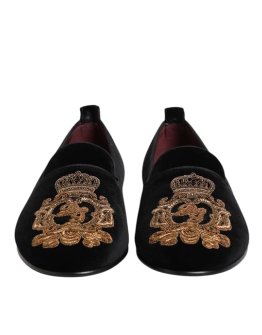 Dolce & Gabbana Schwarze Samt Goldene Krone Herren Slipper Schuhe - Image 3