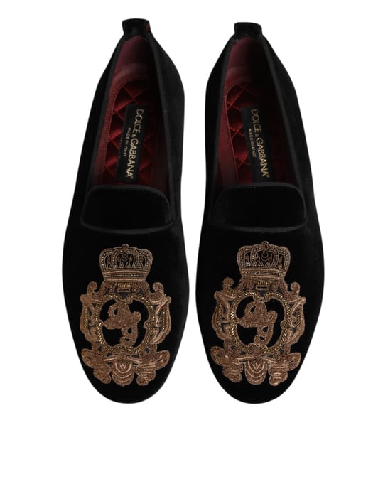 Dolce & Gabbana Schwarze Samt Goldene Krone Herren Slipper Schuhe - Image 4