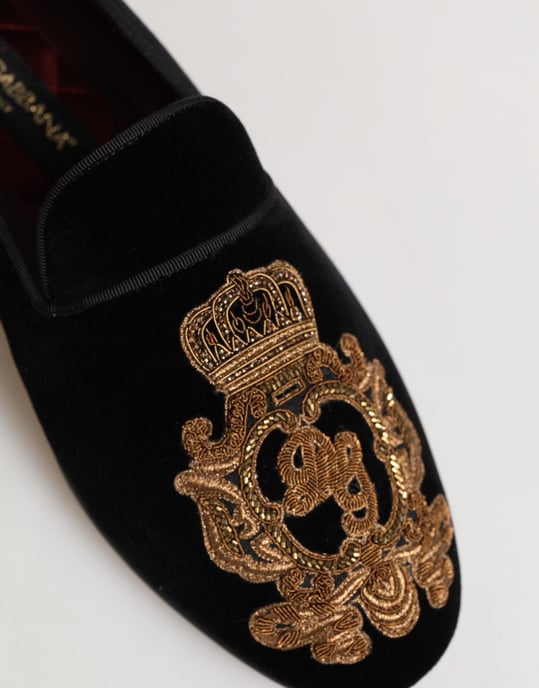 Dolce & Gabbana Schwarze Samt Goldene Krone Herren Slipper Schuhe - Image 5
