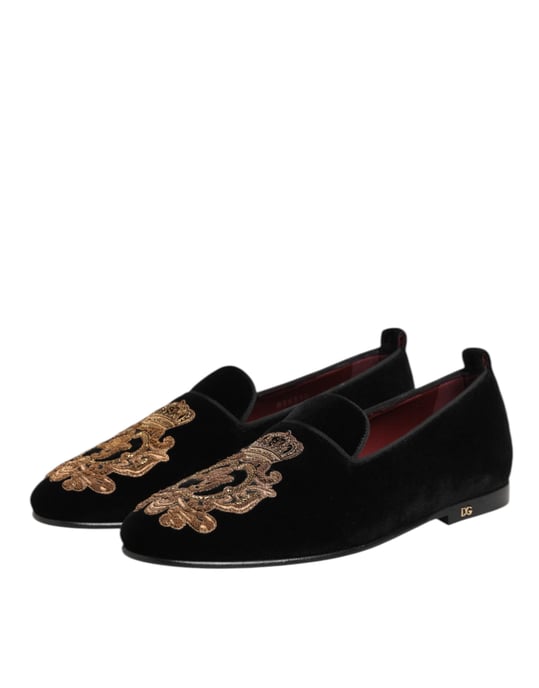 Dolce & Gabbana Schwarze Samt Goldene Krone Herren Slipper Schuhe - Image 6