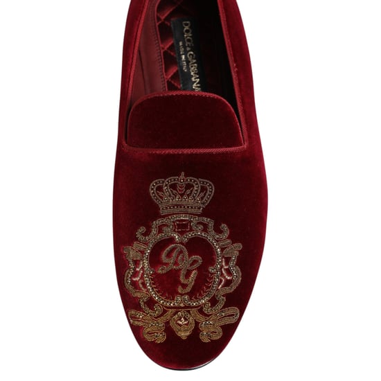 Dolce & Gabbana Rote Samt Goldkrone Herren Slipper Schuhe - Image 4