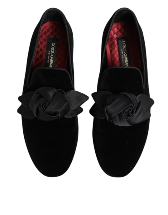 Dolce & Gabbana Schwarze Wildleder Baumwolle Rose Slip-On Loaferschuhe - Image 3