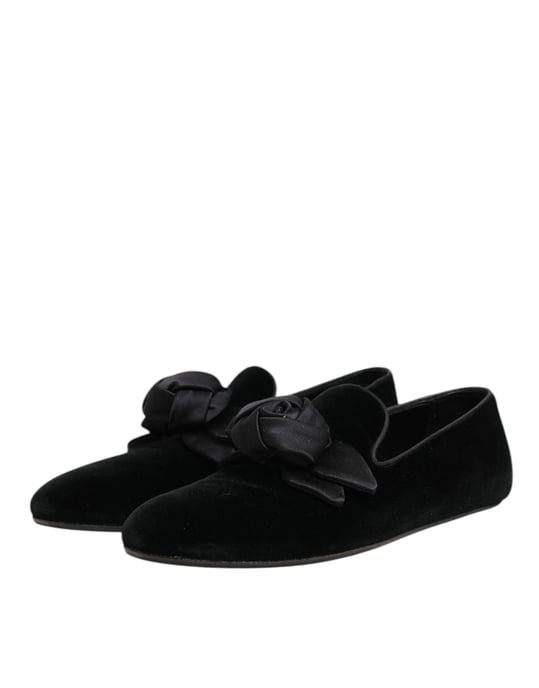 Dolce & Gabbana Schwarze Wildleder Baumwolle Rose Slip-On Loaferschuhe - Image 4