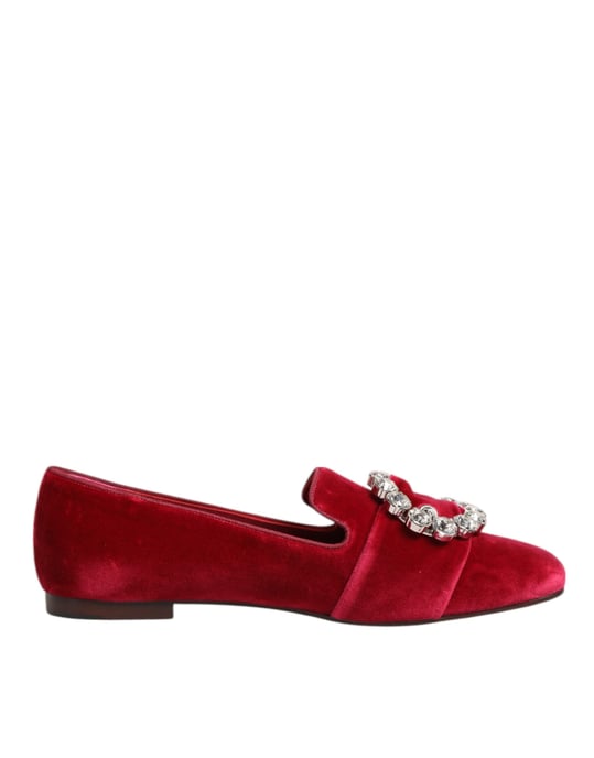 Dolce & Gabbana Rote Samt Crystal Schnalle Slipper Flachschuhe - Image 2