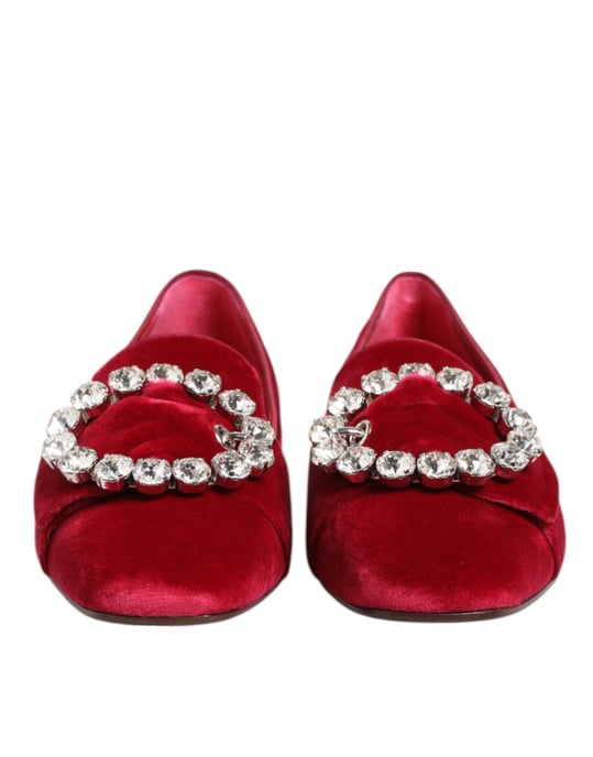 Dolce & Gabbana Rote Samt Crystal Schnalle Slipper Flachschuhe - Image 3