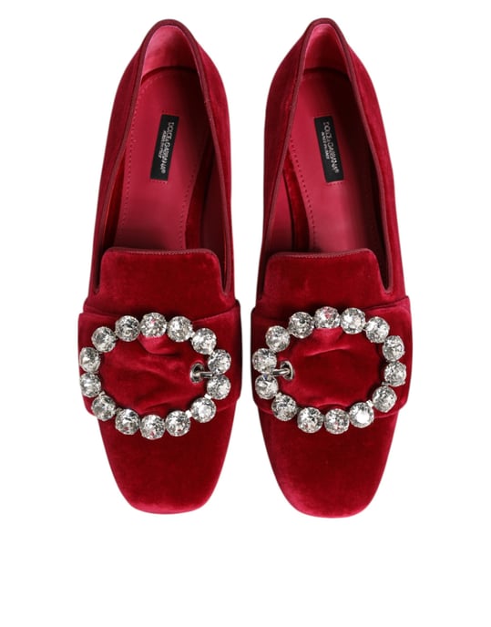 Dolce & Gabbana Rote Samt Crystal Schnalle Slipper Flachschuhe - Image 4