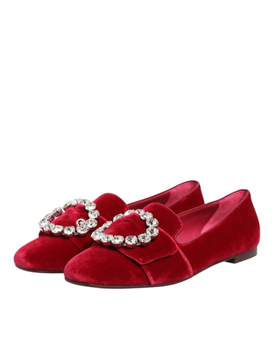Dolce & Gabbana Rote Samt Crystal Schnalle Slipper Flachschuhe - Image 5