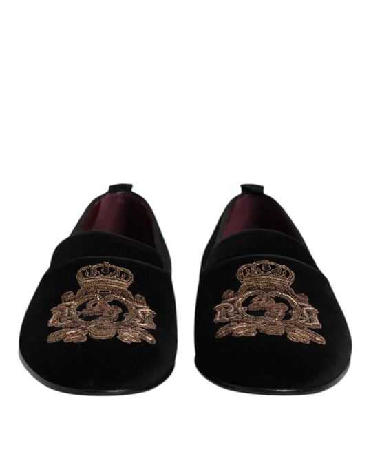 Dolce & Gabbana Schwarze Samt Goldene Krone Herren Slipper Schuhe - Image 2