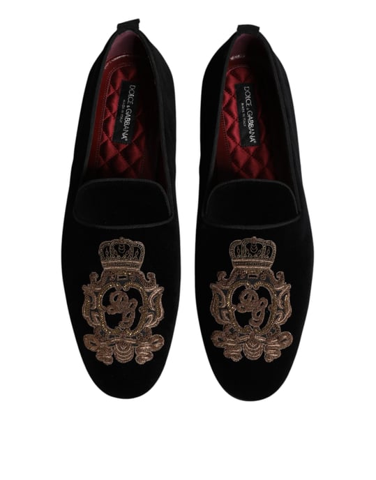 Dolce & Gabbana Schwarze Samt Goldene Krone Herren Slipper Schuhe - Image 3