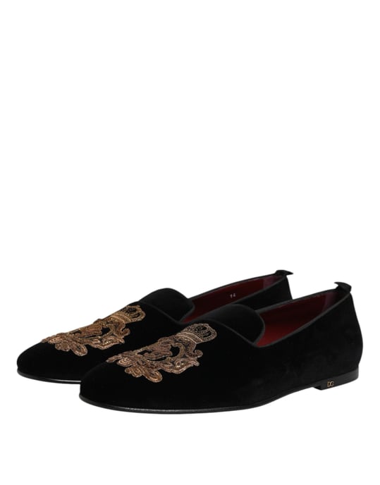 Dolce & Gabbana Schwarze Samt Goldene Krone Herren Slipper Schuhe - Image 4