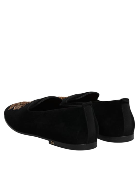 Dolce & Gabbana Schwarze Samt Goldene Krone Herren Slipper Schuhe - Image 5