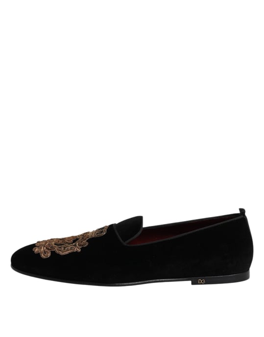 Dolce & Gabbana Schwarze Samt Goldene Krone Herren Slipper Schuhe - Image 6