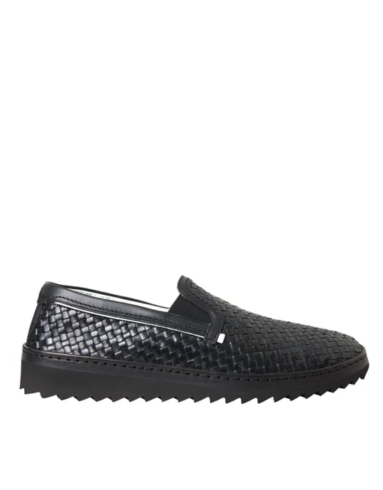Dolce & Gabbana Schwarze Geflochtene Büffelleder Herren Slipper Schuhe - Image 1