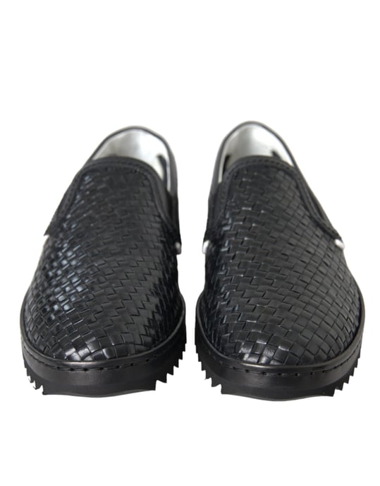 Dolce & Gabbana Schwarze Geflochtene Büffelleder Herren Slipper Schuhe - Image 2