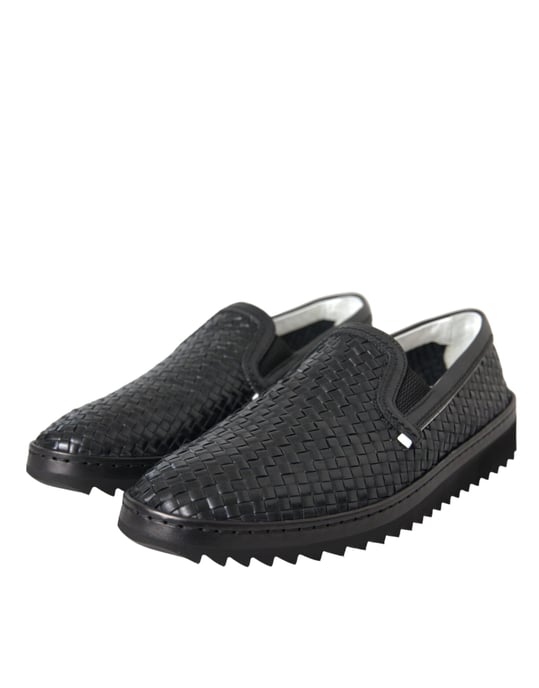 Dolce & Gabbana Schwarze Geflochtene Büffelleder Herren Slipper Schuhe - Image 3