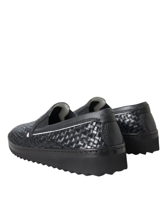 Dolce & Gabbana Schwarze Geflochtene Büffelleder Herren Slipper Schuhe - Image 4