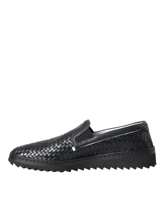Dolce & Gabbana Schwarze Geflochtene Büffelleder Herren Slipper Schuhe - Image 5