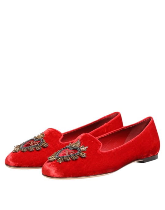 Dolce & Gabbana Rote Samt DG Herz Slipper Ballerinas - Image 3