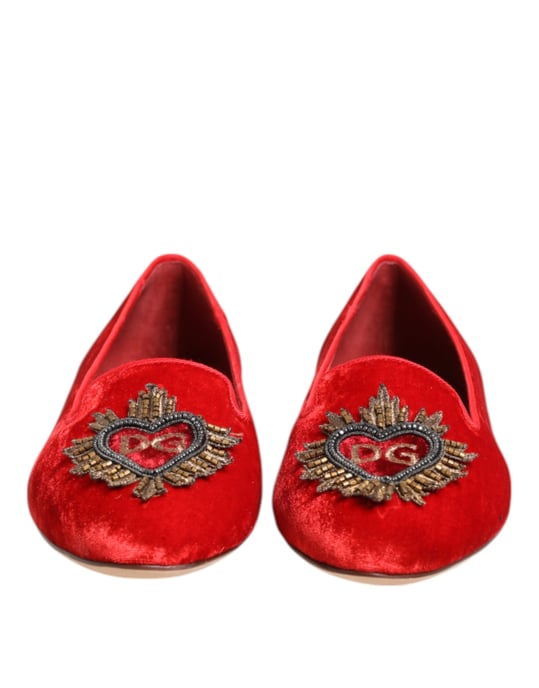 Dolce & Gabbana Rote Samt DG Herz Slipper Ballerinas - Image 4