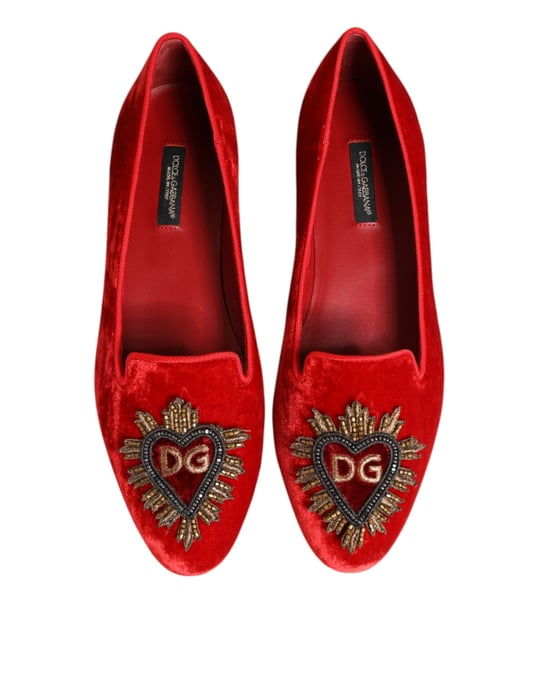 Dolce & Gabbana Rote Samt DG Herz Slipper Ballerinas - Image 5