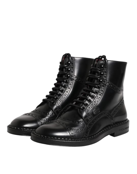 Dolce & Gabbana Schwarze Leder Schnürstiefel bis zur Mitte der Wade - Image 4