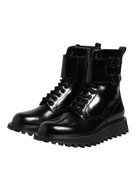 Dolce & Gabbana Schwarze Leder Schnürstiefel bis zur Wade - Image 4