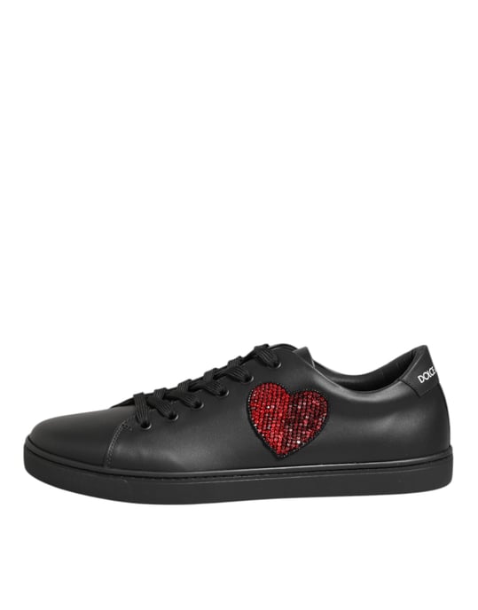 Dolce & Gabbana Schwarze Leder Sneakers mit Kristallherz - Image 1