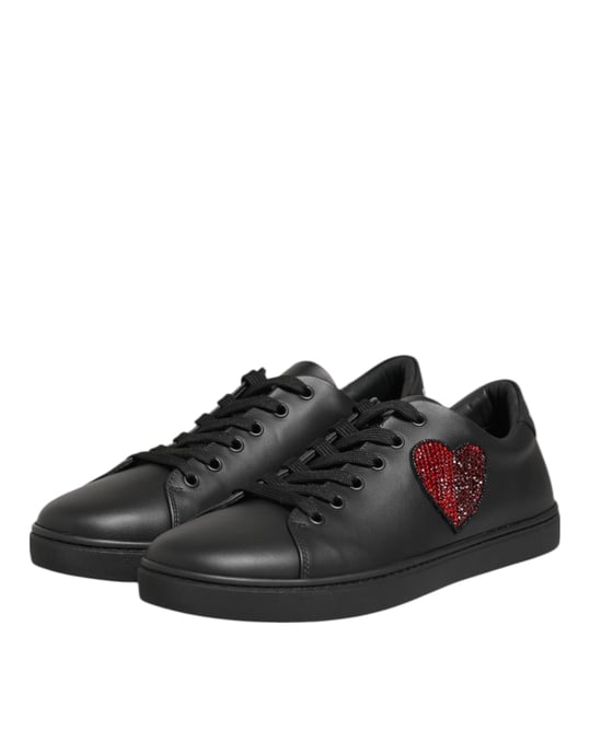 Dolce & Gabbana Schwarze Leder Sneakers mit Kristallherz - Image 4