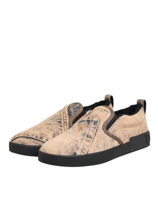 Dolce & Gabbana Beigefarbene Baumwoll Low Top Slip-On Sneakers Schuhe - Image 5