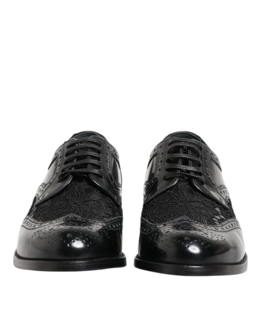 Dolce & Gabbana Schwarze Leder Blumen-Spitzenformelle Schuhe - Image 3